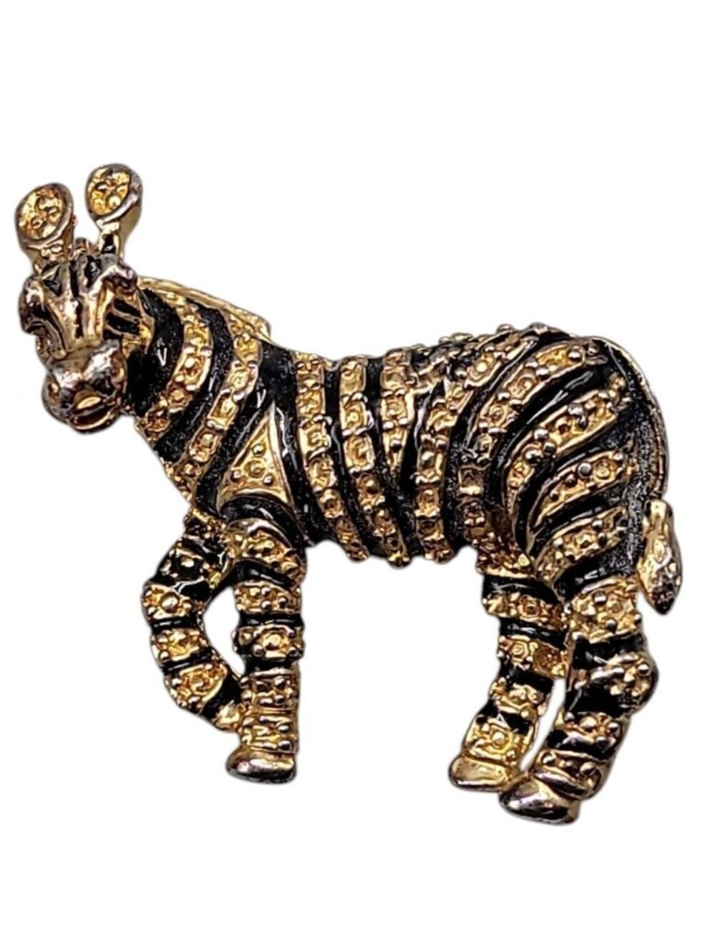 Designer Zebra Brooch Gold Tone Black Enamel Strips Vintage Safari Animal Pin - Picture 2 of 7